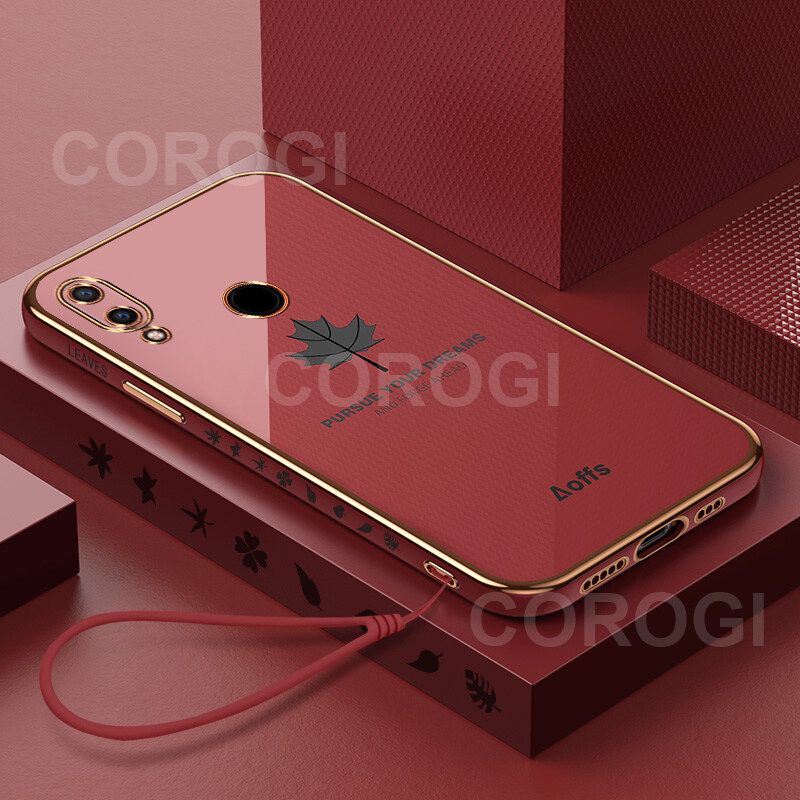 For Huawei Honor 10 Lite Cover + Wrist Strap Fashion Shiny Maple leaf Plating Square Bumper Phone Case Soft TPU Silicone Shockproof Protective Back Cover