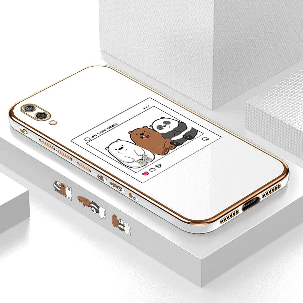 Luxury 6D Plating Case for Huawei Y7 Pro 2019 Cute Cartoon Anime Bears Side Pattern Back Cover Soft Silicone Square Frame Shiny Bling Phone Cases + Free Lanyard