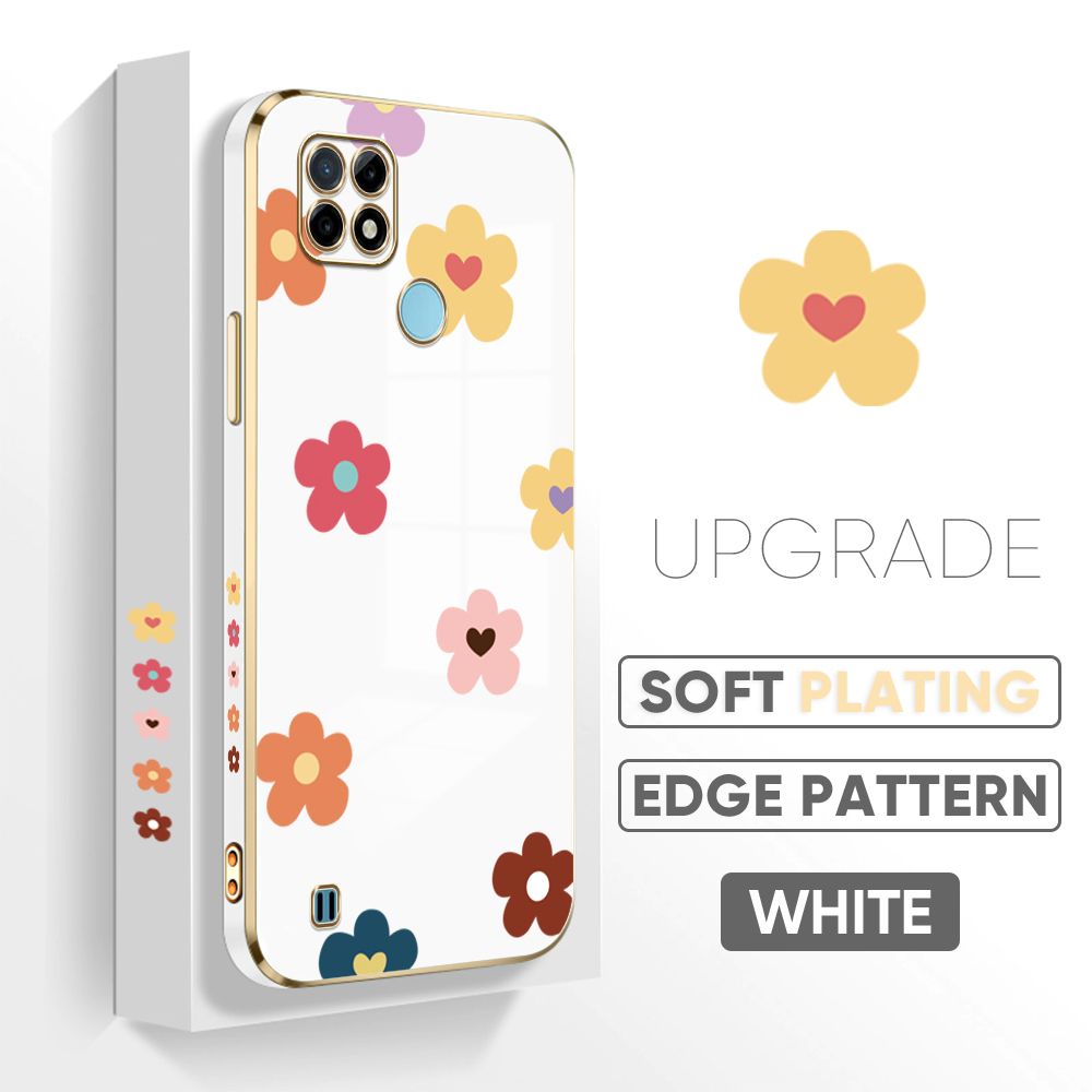 TA for Realme C25Y / Realme C21Y Back Cover + Free Lanyard Falling Flowers Luxury 6D Plating Case Side Pattern Soft Silicone Square Phone Cases