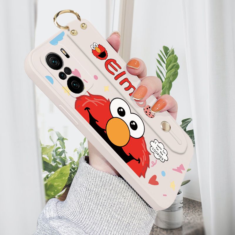 Jizetin for Xiaomi Poco F3 / Redmi K40 / K40 Pro Wrist Strap Case Creative Cartoon Red Haired Monster Cover Ultra Thin Anti Fall Liquid Silicone Phone Case