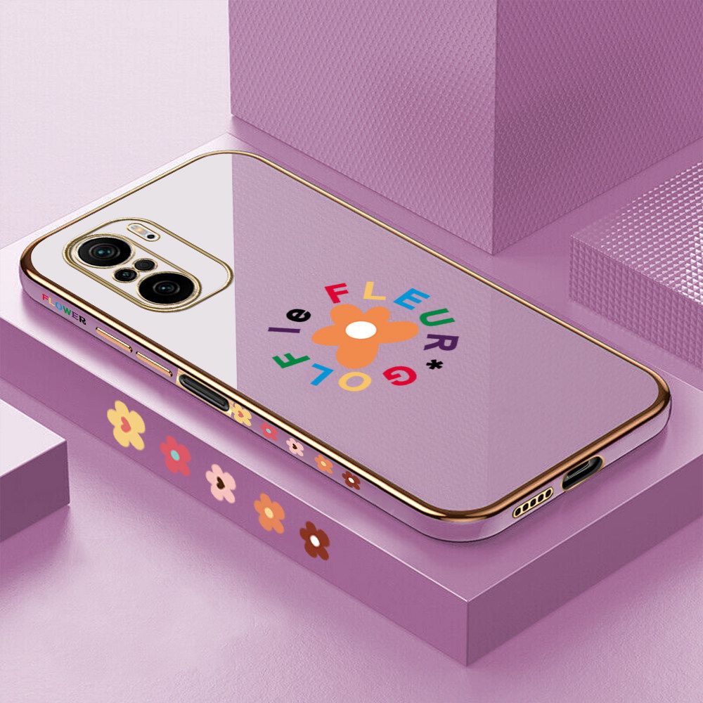 Luxury 6D Plating Case for Redmi K40 Cartoon Flower Side Pattern Back Cover Soft Silicone Square Frame Shiny Bling Phone Cases + Free Lanyard