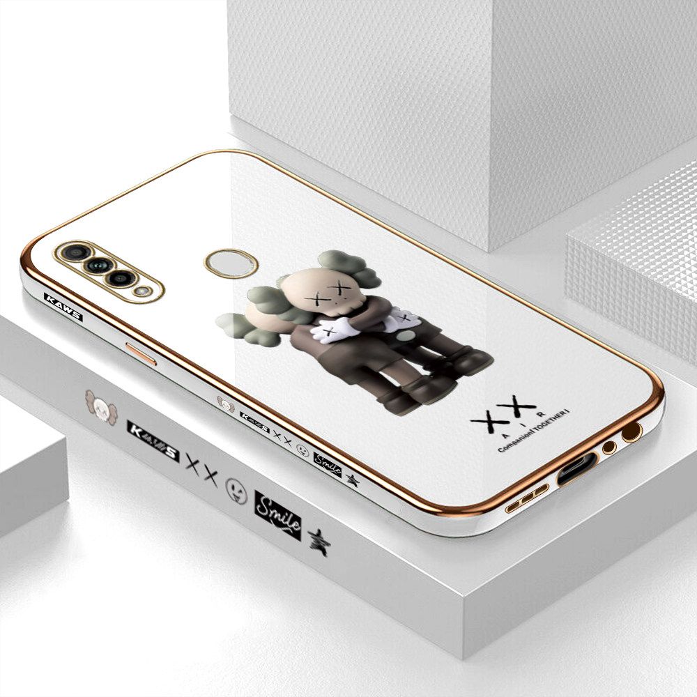 Luxury 6D Plating Case for OPPO A31 2020 Embrace Cartoon Bear Side Pattern Back Cover Soft Silicone Square Frame Shiny Bling Phone Cases + Free Lanyard