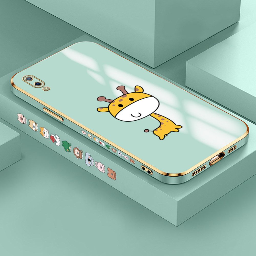 Jizetin (Free Lanyard) Vivo Y93 Case Cute Cartoon Big Head Giraffe Luxury 6D Plating Soft Casing Silicone Ultra Thin Phone Cover