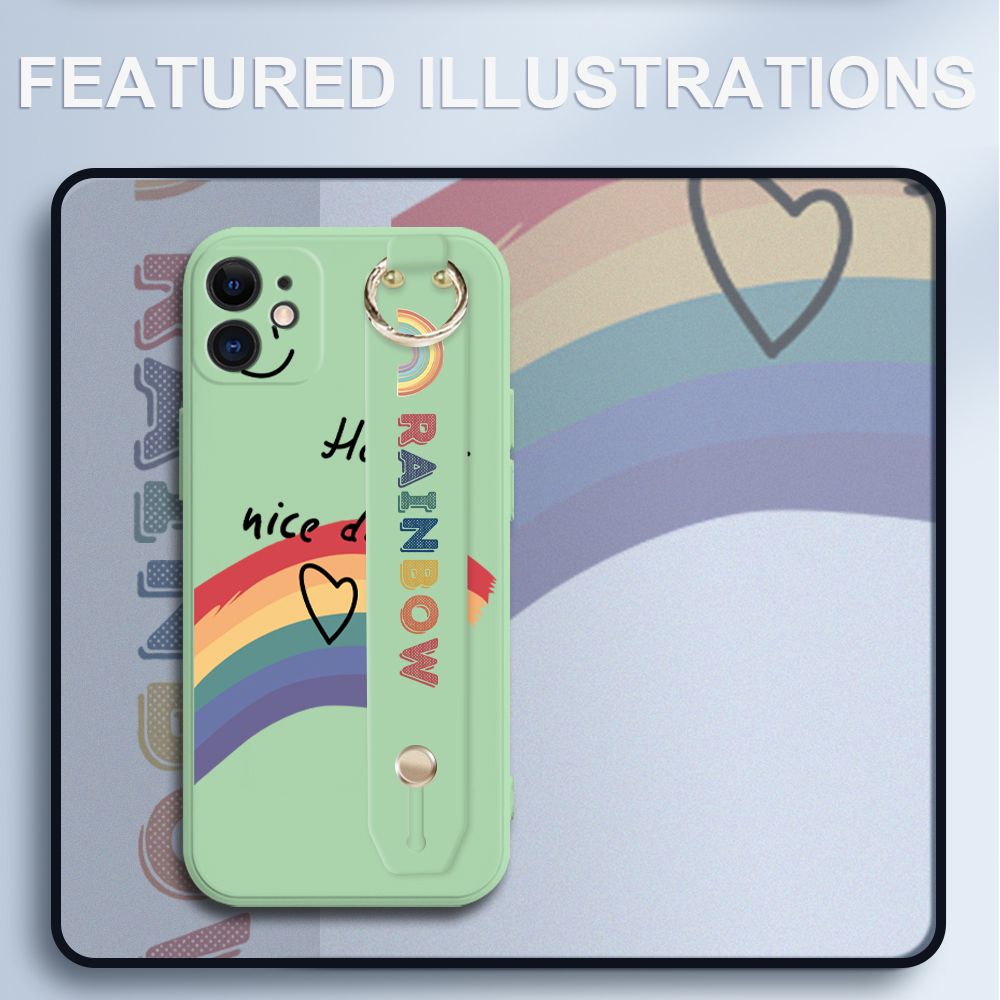 UCUC for iPhone 12 Mini Wrist Strap Case INS Style Smile Rainbow Cover Ultra Thin Anti Fall Liquid Silicone Phone Case