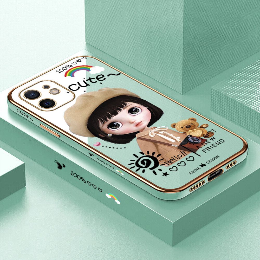 Luxury 6D Plating Soft Casing Silicone Square Frame Phone Case For iPhone 12 Case Shiny Bling Back Cover Cute Girl With Shoulder Bag Square Edge Pattern Design Soft Case + Free Lanyard