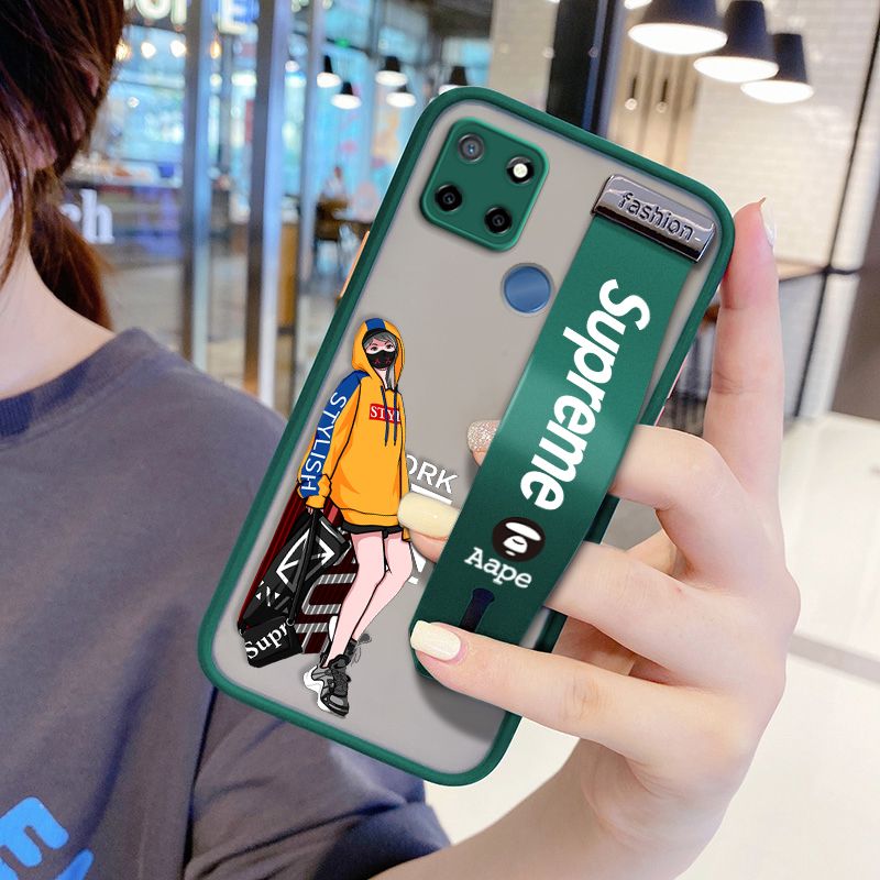 UCUC for Realme C12 Wrist Strap Case Creative Cartoon Handsome Girl Wristband Printing Cover Shockproof Frosted Phone Case