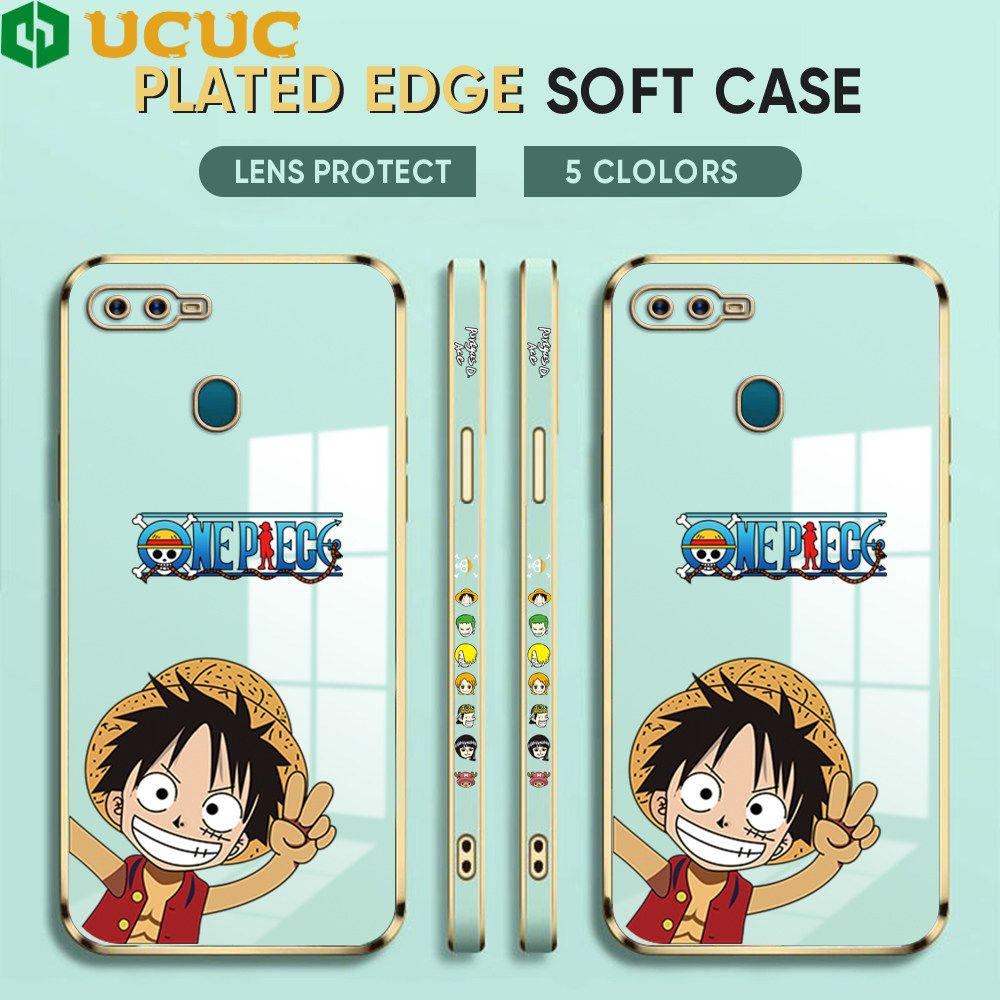 UCUC for OPPO A5S / A7 / A12 / A12S Back Cover + Free Lanyard Wave Luffy Luxury 6D Plating Case Side Pattern Soft Silicone Square Phone Cases
