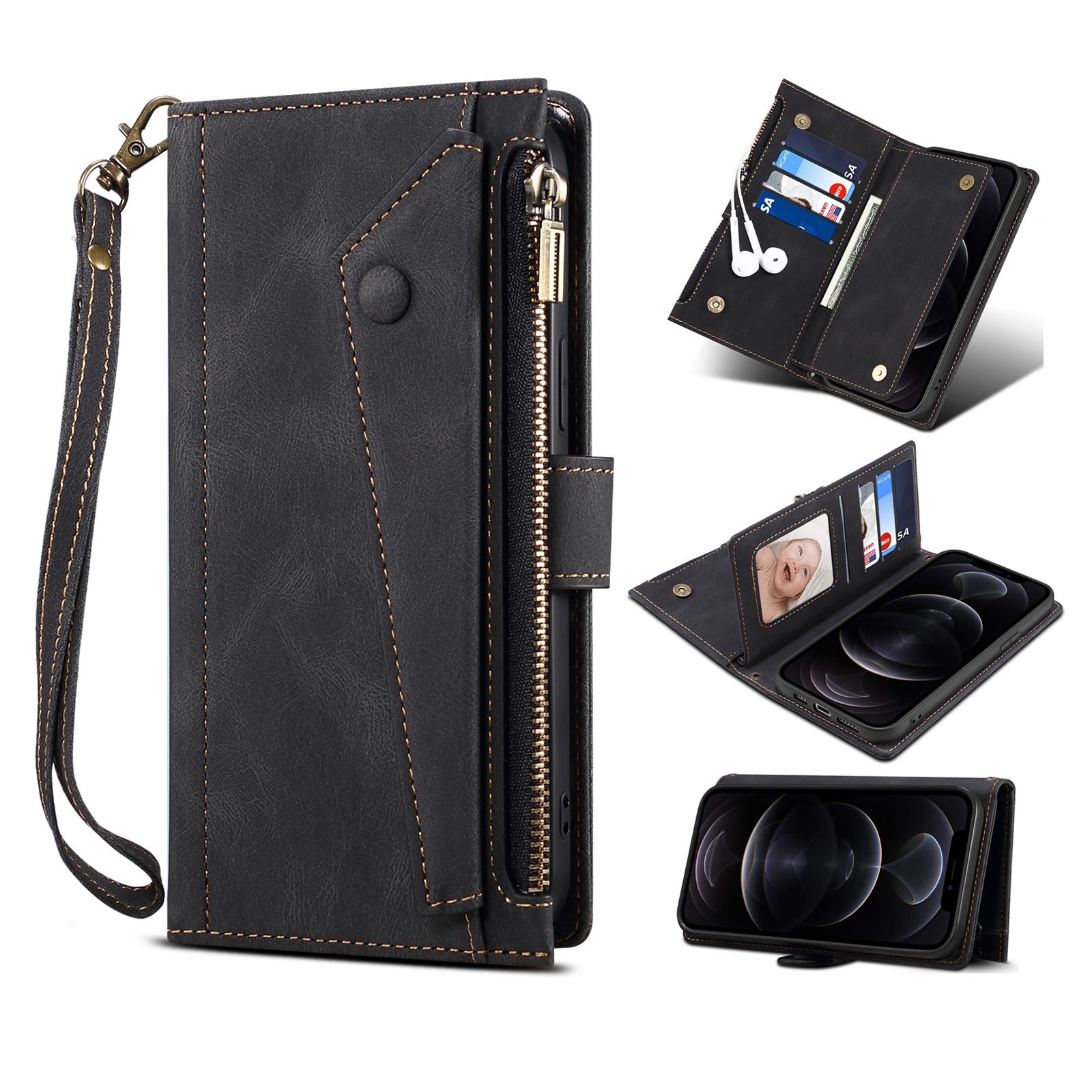 Retro Frosted Horizontal Flip Leather Case with Holder & Card Slot & Wallet & Zipper Pocket & Lanyard For iPhone 13 Pro Max