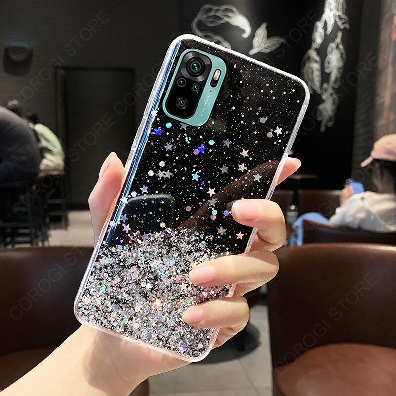 For Xiaomi Redmi Note 10S Cover Fashion Shiny Glitter Starry Space Girls Slim Phone Case Clear Soft TPU Silicone Bumper Shockproof Protective Back Cover