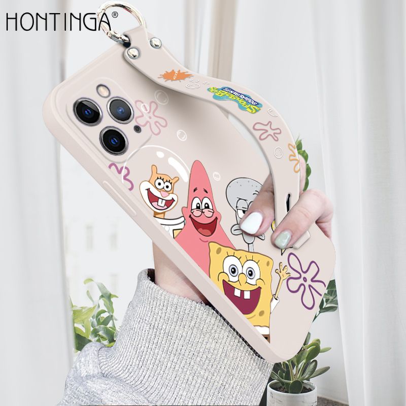 Hontinga for iPhone 11 Pro Wrist Strap Case Cute Cute Funny Cartoon Sponge for Square Pants Cover Square Edge Liquid Silicone Anti-drop Phone Case