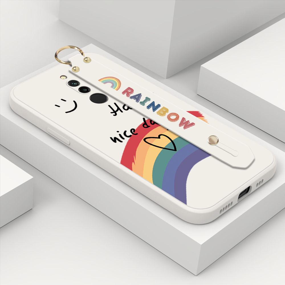 ZeroQiQi for Xiaomi Redmi 8 Wrist Strap Case Lovely Graffiti Rainbow Smile Thin Phone Cover Square Edge Liquid Silicone Creativity Phone Case