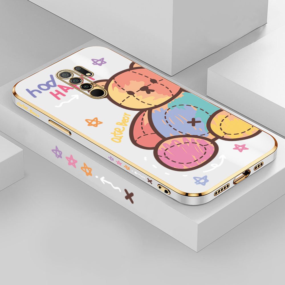 Jizetin (Free Lanyard) Redmi 9 Case Color Doll Bear Luxury 6D Plating Soft Casing Silicone Ultra Thin Phone Cover