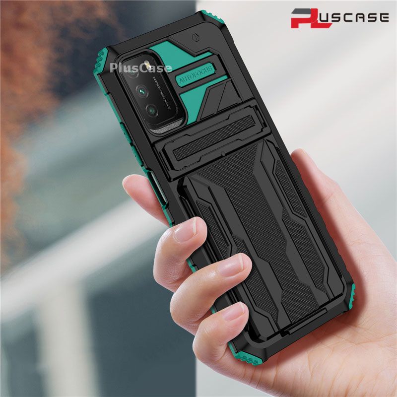 PlusCase for Xiaomi POCO M3 Case Card Slot Holder Lens Protect Casing Kickstand Shockproof Phone Back Cover