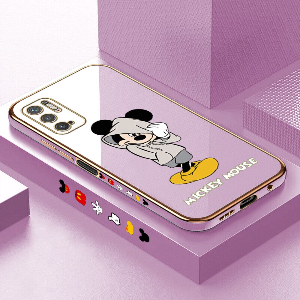 Luxury 6D Plating Case for Xiaomi Poco M3 Pro Cartoon Cool Mouse Side Pattern Back Cover Soft Silicone Square Frame Shiny Bling Phone Cases + Free Lanyard