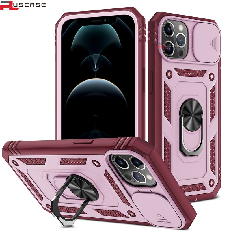 PlusCase for Apple iPhone 13 Pro Max Slide Camera Lens Case Ring Stand Card Slot Casing Grade Shockproof Cover