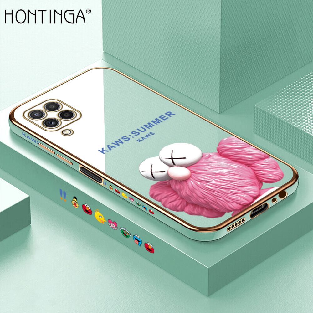 Hontinga for Samsung Galaxy A22 4G M22 4G Case Luxury 6D Plating Pink Doll Side Pattern Soft Back Cover Silicone Square Phone Cases