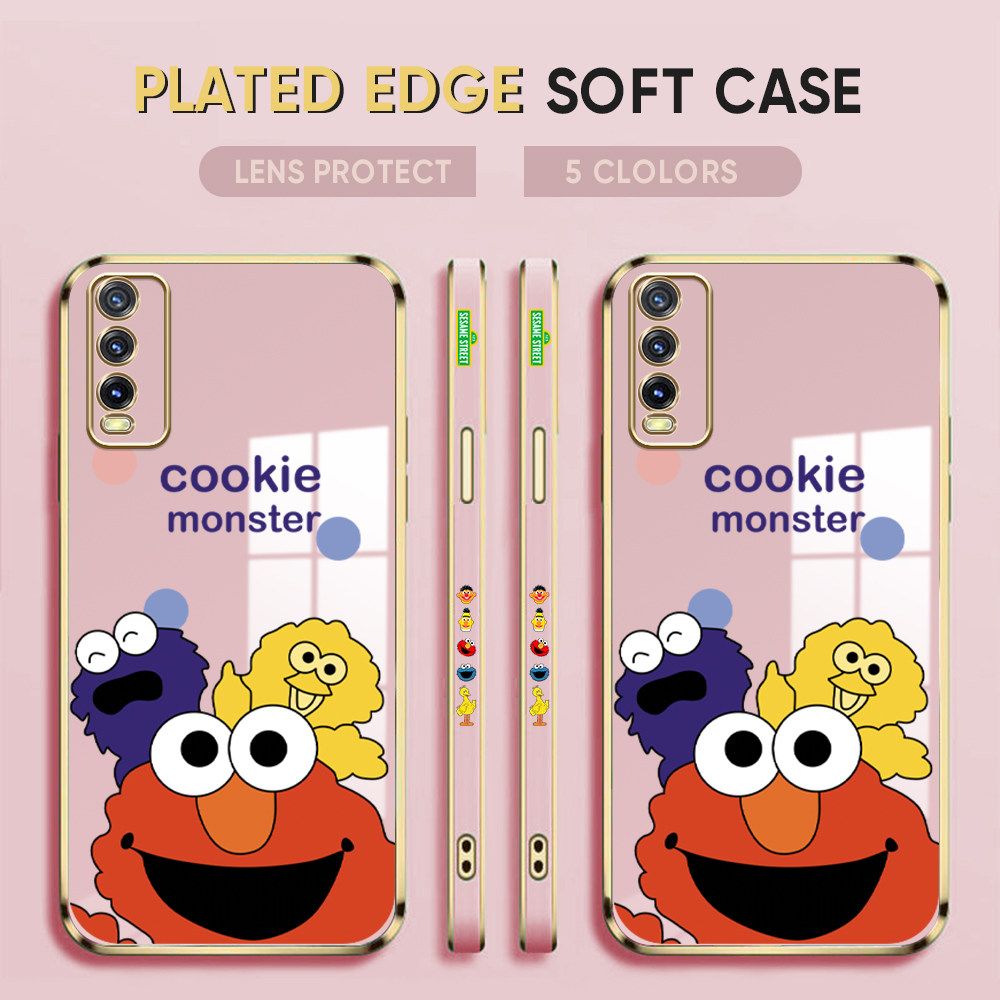 Luxury 6D Plating Case for Vivo Y20S Phone Cases Three Llittle Monsters Side Print Soft Silicone Square Back Cover