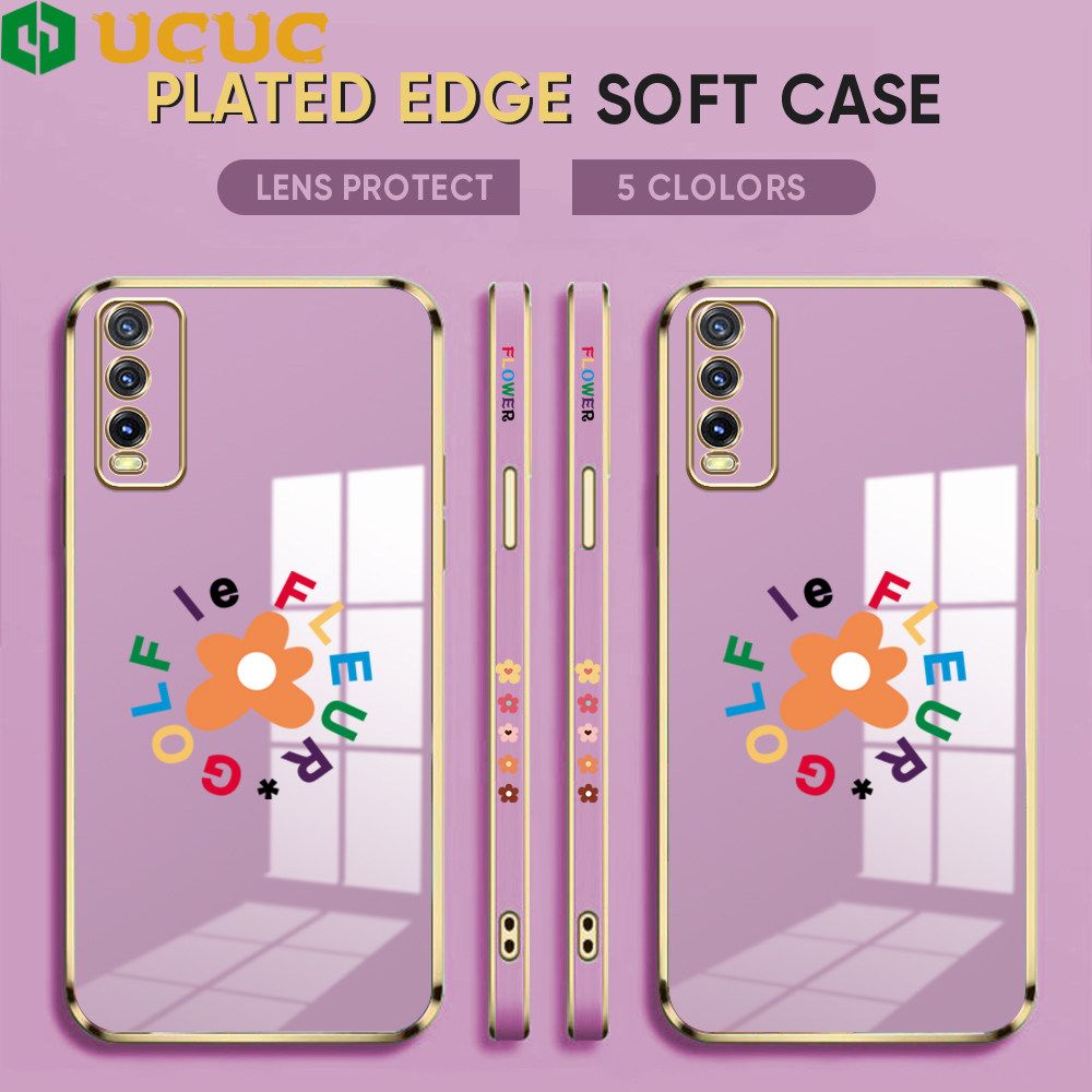 UCUC for Vivo Y20 2021 / Y20i / Y20 / Y20S / Y12S / Y12A / Y20S G Back Cover + Free Lanyard Colorful Flower Luxury 6D Plating Case Side Pattern Soft Silicone Square Phone Cases