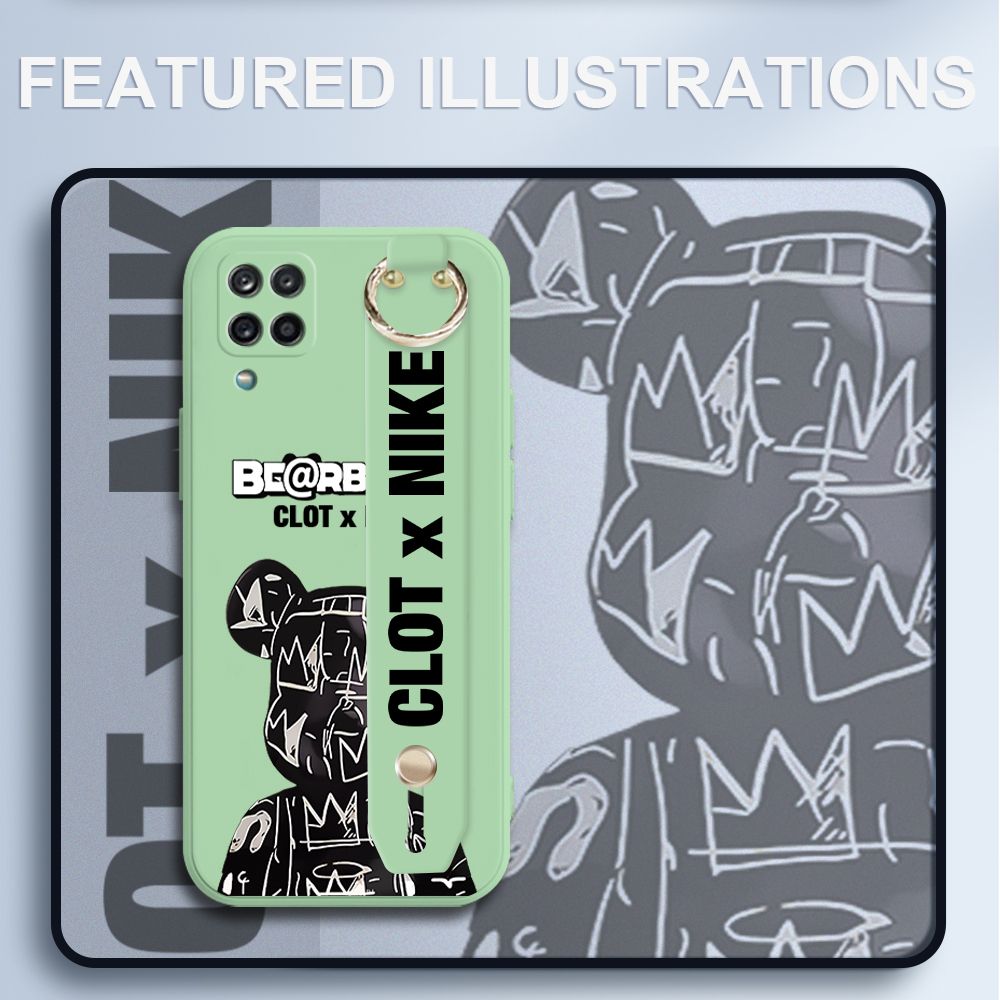 UCUC for Samsung Galaxy A42 5G Wrist Strap Case Creative Cartoon Black Stitching Bear Cover Ultra Thin Anti Fall Liquid Silicone Phone Case