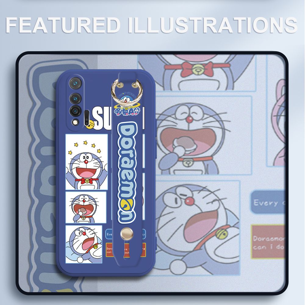UCUC for Huawei Nova 6 Wrist Strap Case Creative Cartoon Doraemon's Daily Life Cover Ultra Thin Anti Fall Liquid Silicone Phone Case