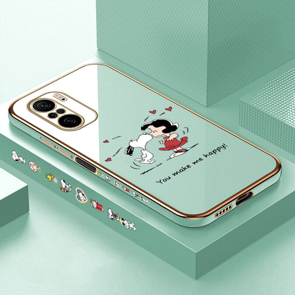 Luxury 6D Plating Case for Redmi K40 Happy Cartoon Puppy Side Pattern Back Cover Soft Silicone Square Frame Shiny Bling Phone Cases + Free Lanyard