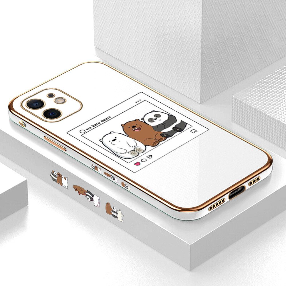 Luxury 6D Plating Case for iPhone 12 Cute Cartoon Anime Bears Side Pattern Back Cover Soft Silicone Square Frame Shiny Bling Phone Cases + Free Lanyard