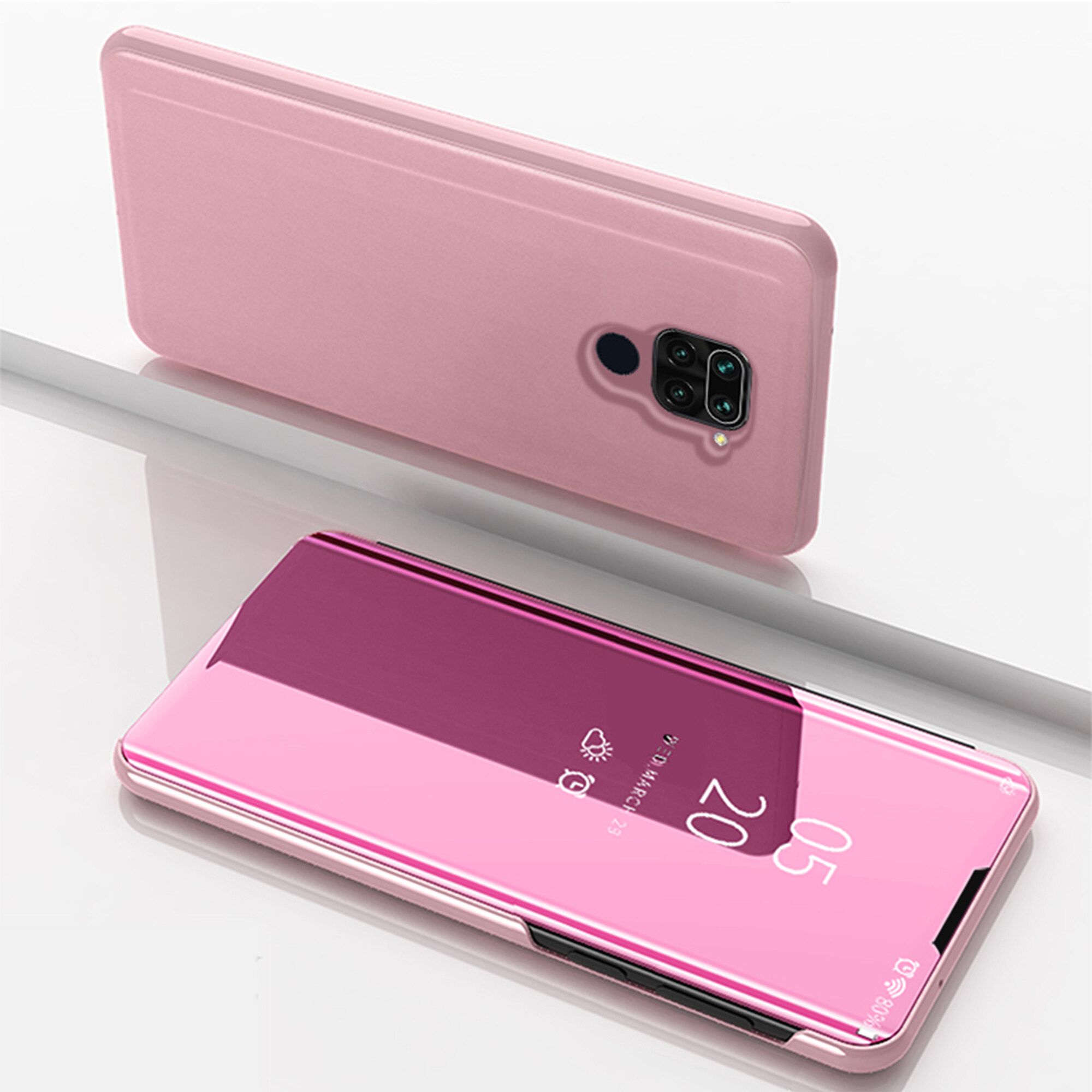 For Xiaomi Redmi Note 9 Mirror Plating Hard PC -PU Leather Translucent Standing View Case Cover