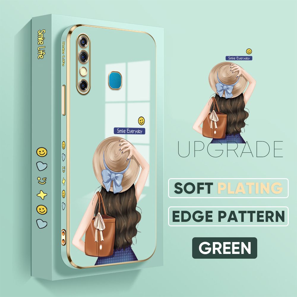 Jizetin (Free Lanyard) Infinix Hot 8 / Hot 8 Pro Back Cover Girl In Hat Luxury 6D Plating Case Side Pattern Soft Silicone Square Mobile Phone Cases
