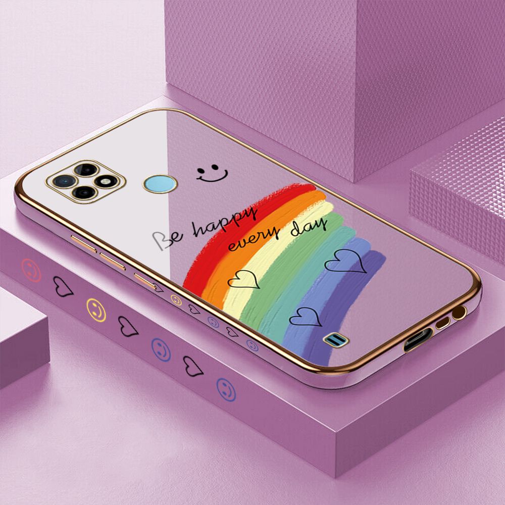 Luxury 6D Plating Case for Realme C21Y Smile Rainbow Side Pattern Back Cover Soft Silicone Square Phone Cases + Free Lanyard