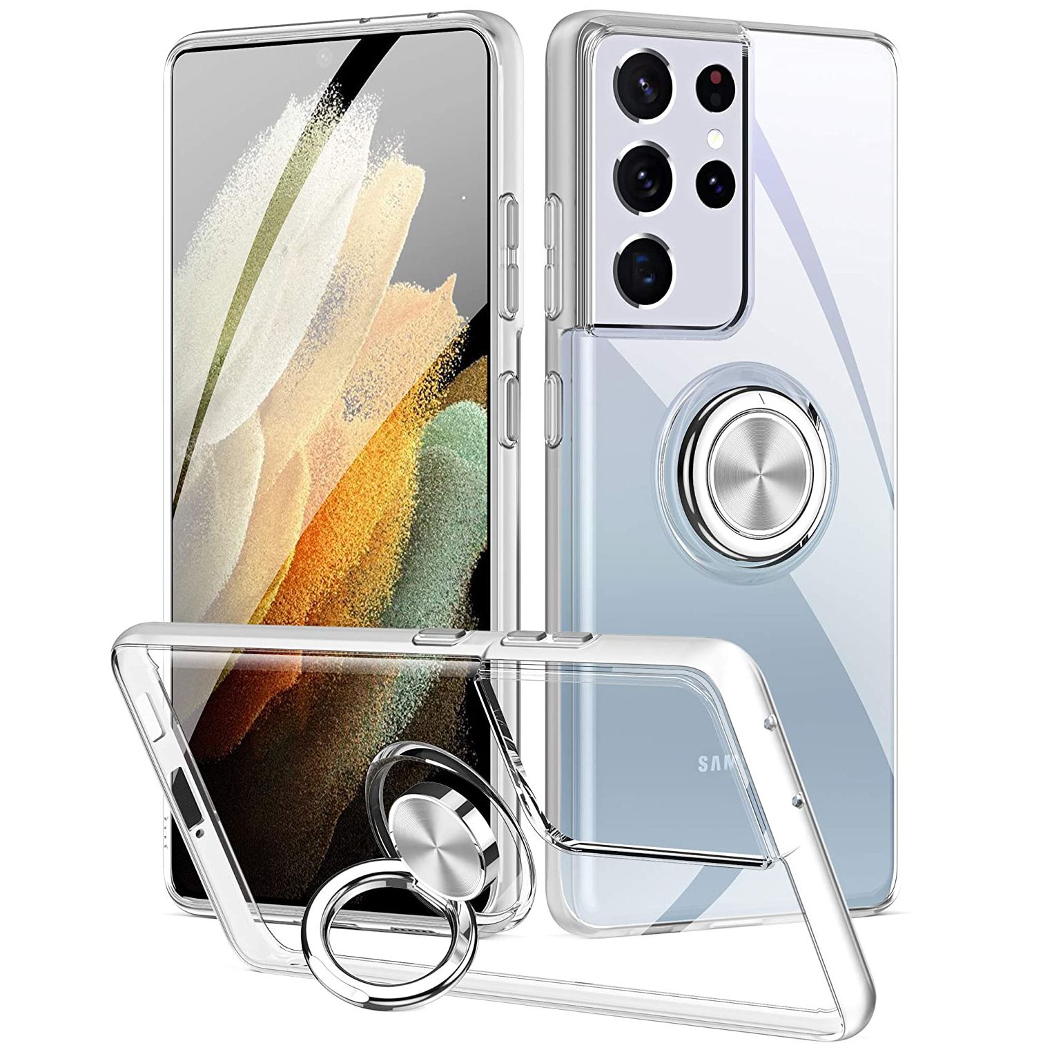 Clear Galaxy S21 Ultra Case,Galaxy S21 Plus Case,Galaxy S21 Case,Ring Holder Stand Cover Anti-Drop Grip Slim Shell Protective Bumper Flexible Transparent Phone Cases for Samsung S21 Ultra/S21 Plus/S21