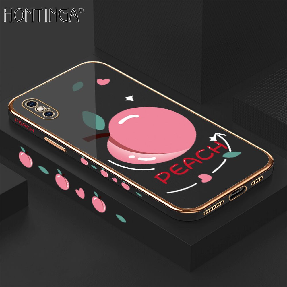 Hontinga for iPhone XS MAX Case Luxury 6D Plating Soft Casing Silicone Square Frame Phone Cover Shiny Bling Side Print Cartoon Simple Peach Cases