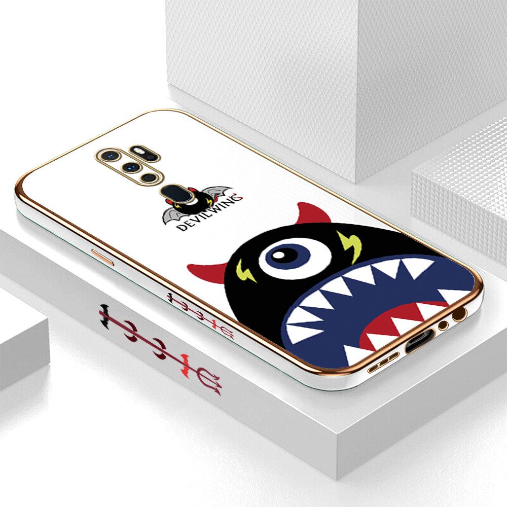 Luxury 6D Plating Case for OPPO A9 2020 Cartoon One-eyed Devil Wing Side Pattern Back Cover Soft Silicone Square Frame Shiny Bling Phone Cases + Free Lanyard