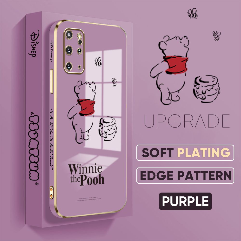 Jizetin (Free Lanyard) Samsung Galaxy S20 Plus Back Cover Honeypot Pooh Luxury 6D Plating Case Side Pattern Soft Silicone Square Mobile Phone Cases