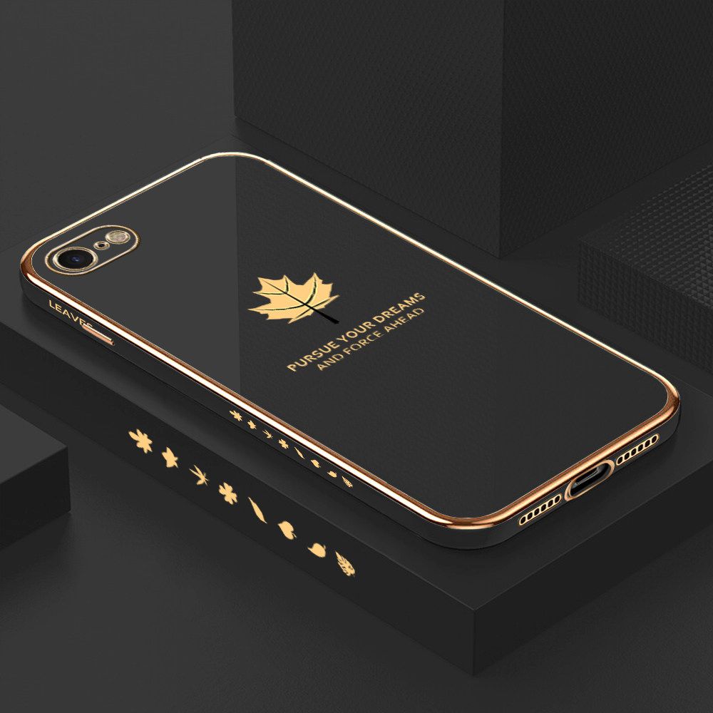 Luxury 6D Plating Soft Casing Silicone Square Frame Phone Case For iPhone 8 Case Shiny Bling Back Cover New Maple Leaf Square Edge Pattern Design Soft Case + Free Lanyard