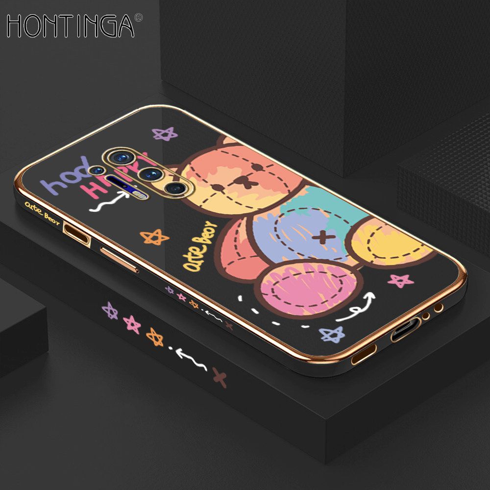 Hontinga for OnePlus 8 Pro Back Cover + Free Lanyard Luxury 6D Plating Alphabet Rainbow Side Pattern Case Soft Silicone Square Mobile Cover