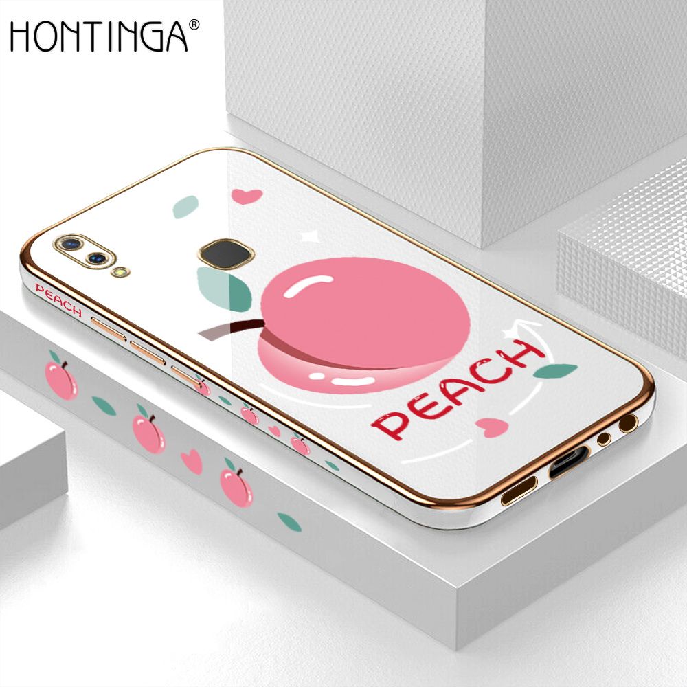 Hontinga for Vivo V9 Case Luxury 6D Plating Soft Casing Silicone Square Frame Phone Cover Shiny Bling Side Print Cartoon Simple Peach Cases