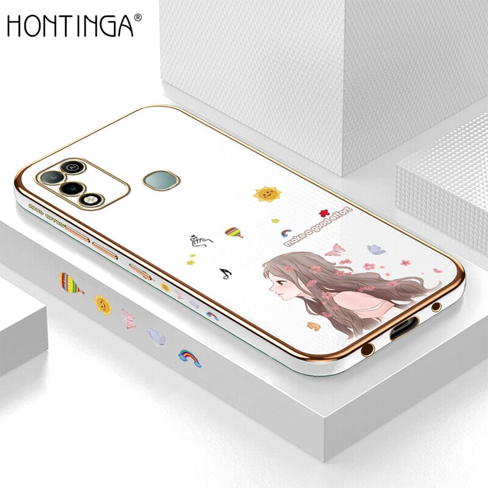 Hontinga for Infinix Hot 10 Play / Hot 11 Play Back Cover Luxury 6D Plating Sunshine Girl Side Pattern Case Soft Silicone Square Phone Cases