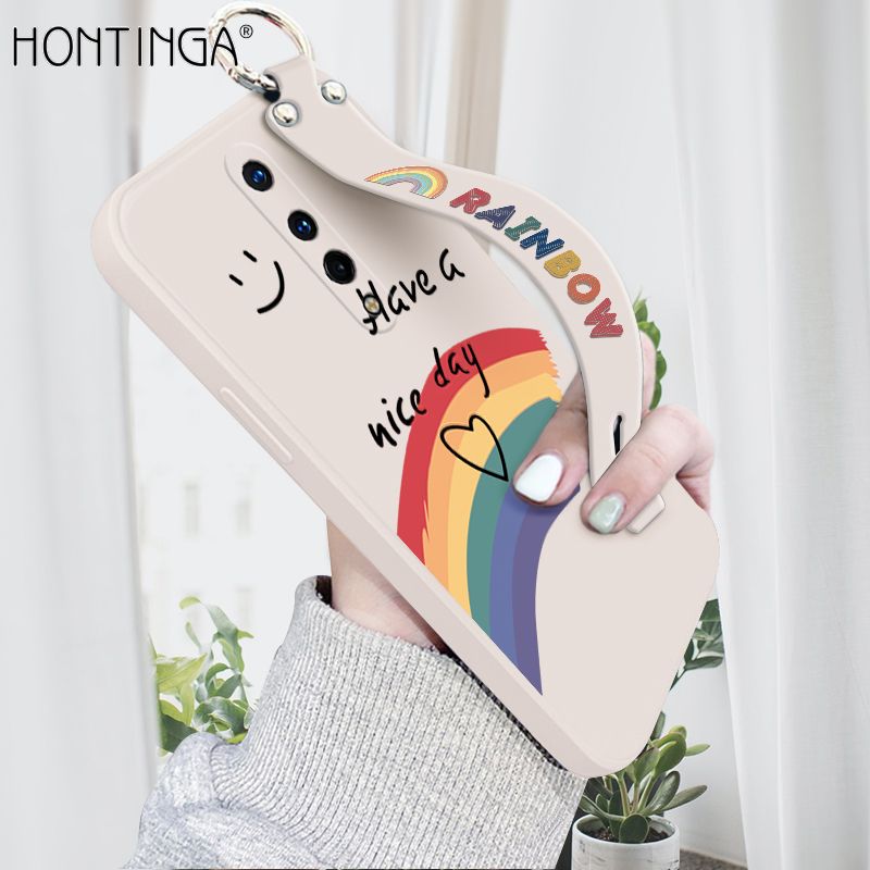 Hontinga for OnePlus 8 Wrist Strap Case Lovely Graffiti Rainbow Smile Thin Phone Cover Square Edge Liquid Silicone Creativity Phone Case