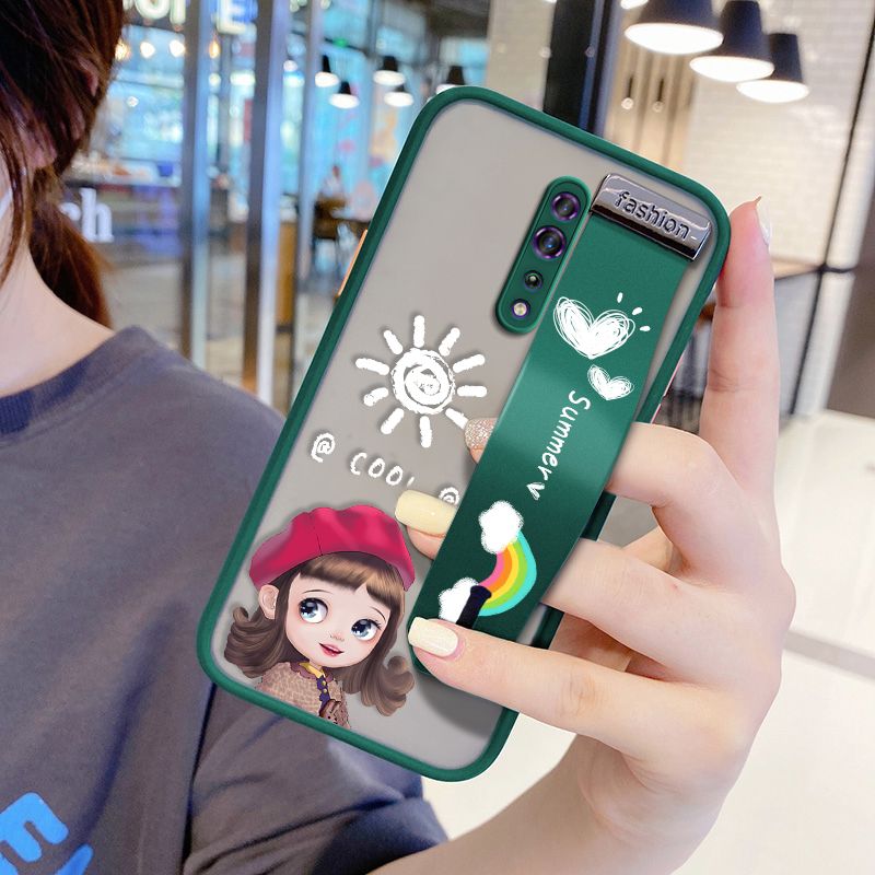 UCUC for OPPO Reno Z Wrist Strap Case Lovely Cartoon Red Hat Girl Wristband Printing Cover Shockproof Frosted Phone Case