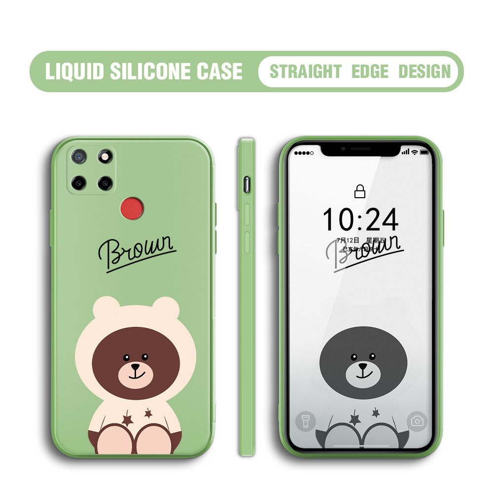 BILI for Realme C25 / C25S / C12 / Narzo 20 / Narzo 30A Back Cover Brown Bear Multicolor Liquid Silicone Phone Case Soft Square Lens Protection Phone Cases