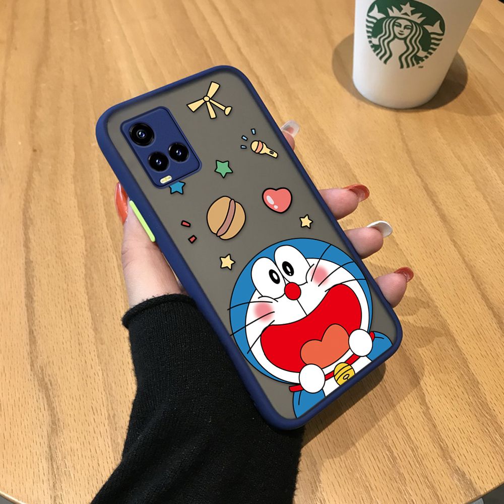 UCUC for Vivo Y33S / Y21 2021 / Y21A / Y21S / Y21T / Y21E / T1X / Y33T Back Cover Laugh Doraemon Frosted Transparent Hard Phone Case Thin Shockproof Full Cover Camera Protect Case