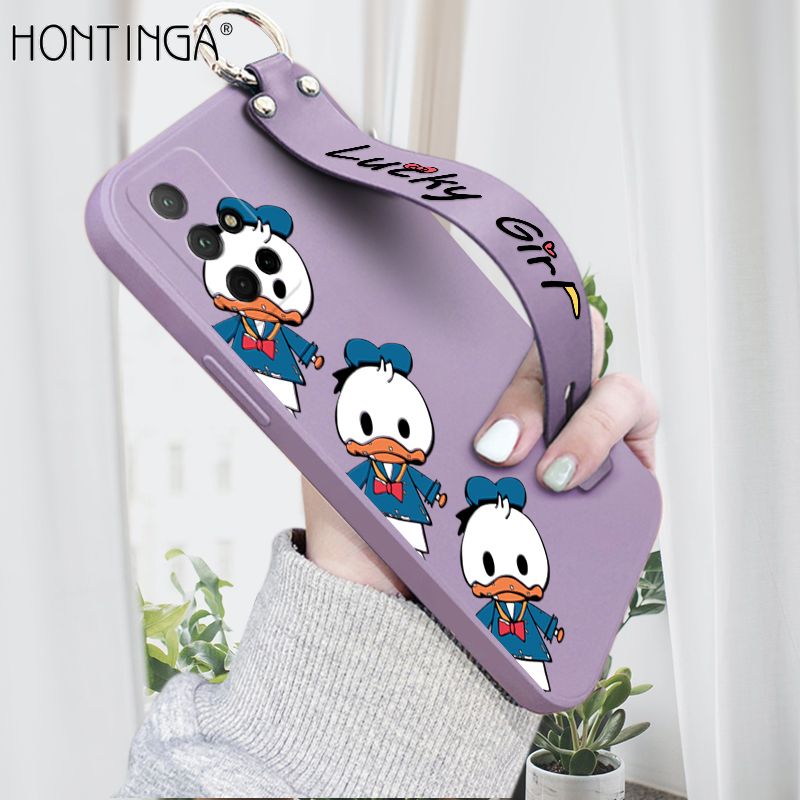 Hontinga for Honor 30S Wrist Strap Case Cute Cartoon Little Duck Phone Case Square Edge Liquid Silicone Case Full Cover Camera Shockproof Protective Cases