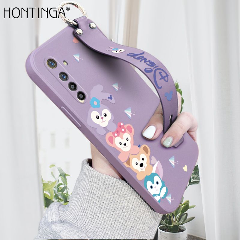 Hontinga for Realme XT Wrist Strap Case INS Cute Style Creative Cartoon Rabbit and Fox Cover Thin Square Edge Liquid Silicone Phone Case