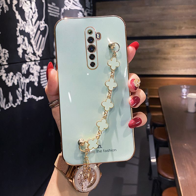 For OPPO Reno2 F Back Cover with Lucky Clover Wristband Chain Fashion Bracelet Shiny Plating Square Edge Bumper Phone Case Soft Silicone Bumper Protective Cover