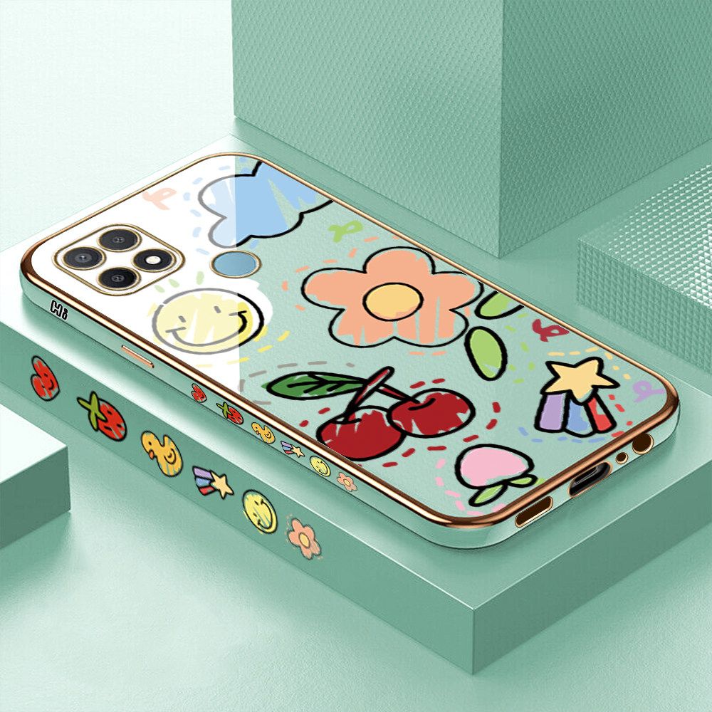 Luxury 6D Plating Case for OPPO A15 Color Cartoon cherry Peach Side Pattern Back Cover Soft Silicone Square Frame Shiny Bling Phone Cases + Free Lanyard