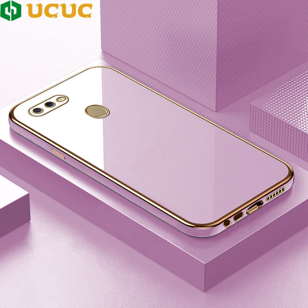 UCUC for OPPO A12S / A12 / A7 / A5S Back Cover + Free Lanyard Colour Luxury 6D Plating Case Side Pattern Soft Silicone Square Phone Cases