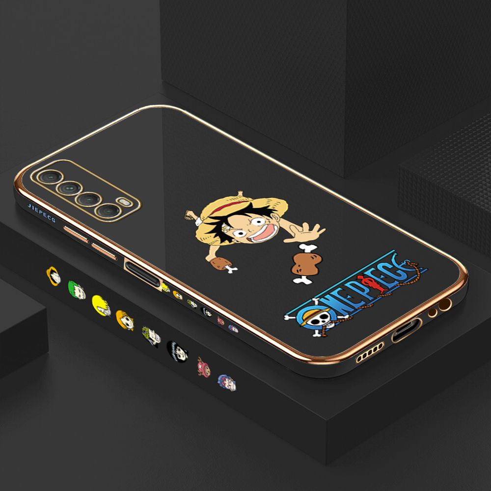 Luxury 6D Plating Case for Huawei Y7A Gluttonous Cartoon Luffy Side Pattern Back Cover Soft Silicone Square Frame Shiny Bling Phone Cases + Free Lanyard