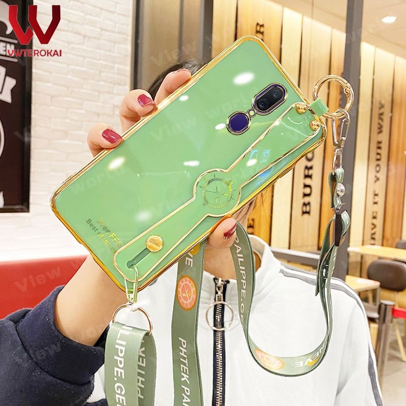 For OPPO F11 F9 F9 PRO Fashion Electroplate Girls Like Phone Case with Wrist Strap + Lanyard Shoulder Strap Stand Holder Soft Silicone Protective Back Cover
