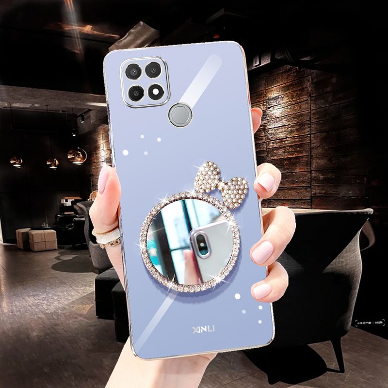 For OPPO A15 Back Cover + Bowknot Makeup Mirror Fashion Shiny Plating Square Bumper Bling Girls Phone Case Soft TPU Silicone Shockproof Back Cover