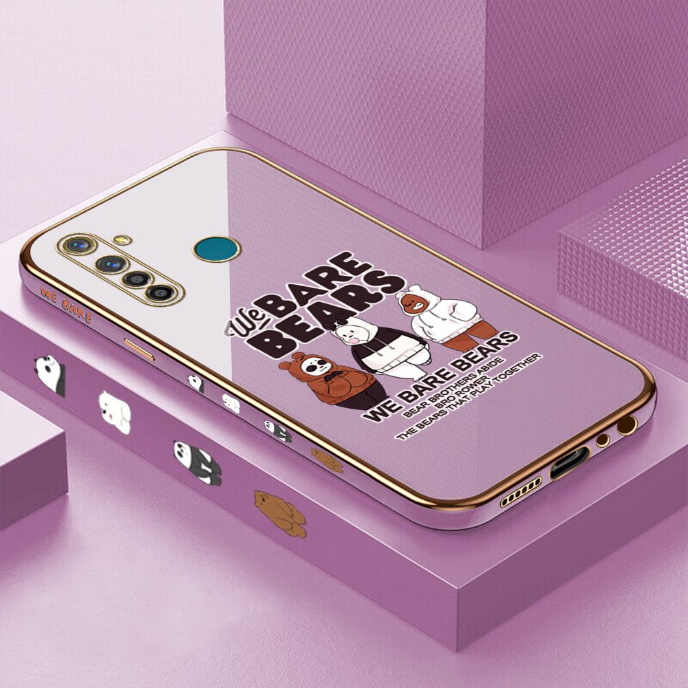 Luxury 6D Plating Case for Realme 5 Pro Three Little Bears Side Pattern Back Cover Soft Silicone Square Phone Cases + Free Lanyard